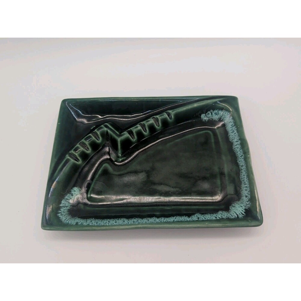 Vintage Mid Century Modern Green Drip Ceramic Ashtray Atomic Barware 12”